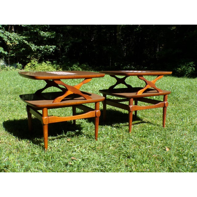 Mid-Century Modern Vintage Pair Reiss Mid Century Modern 2 Tier Tile Top Walnut Side Tables For Sale - Image 3 of 17