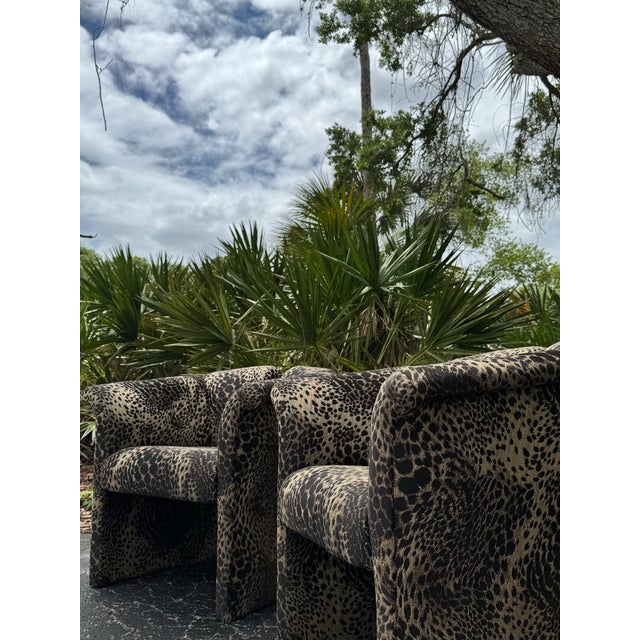 Postmodern 1970s Thayer Coggin for Robb & Stucky Postmodern Leopard Upholstered Barrel Chairs – A Pair For Sale - Image 3 of 9