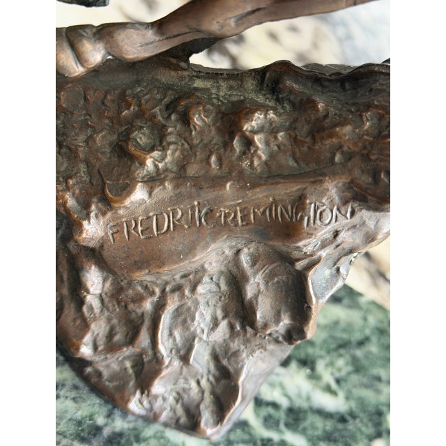 Stone Frederic Remington Style Native American Horseback Sculpture on Green Marble Base For Sale - Image 7 of 10
