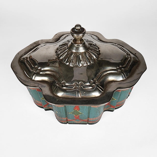 Silver Antique Moroccan Folk Art Polychrome Lidded Tea Caddy Storage Box Hand Tooled For Sale - Image 8 of 15