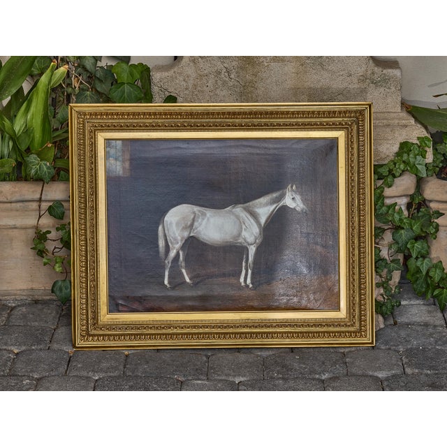 Late 19th Century Antique English Oil Painting of a White Horse in Giltwood Frame, circa 1884 For Sale - Image 5 of 12