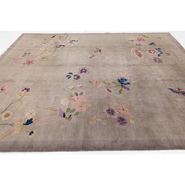 1920s 1920s Antique Chinese Art Deco Rug Floral & Bird Motif in Taupe & Amethyst For Sale - Image 5 of 11
