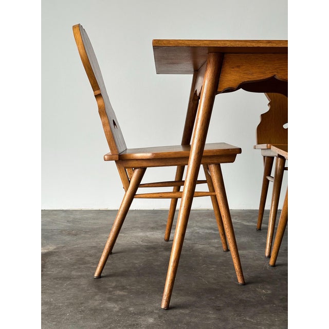 Mid 20th Century Swiss Alpine Stabelle Oak Dining Set, Mid-Century — Set of 5 For Sale - Image 5 of 18