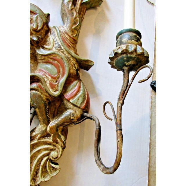 1920s Polychrome Hand Carved Wood and Iron Monkey Wall Sconces - a Pair For Sale - Image 15 of 17