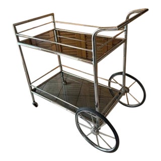 Chrome Italian Faux Bamboo Mid Century Modern MCM Smoked Glass Bar Cart For Sale