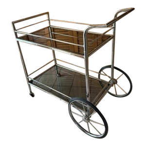 Chrome Italian Faux Bamboo Mid Century Modern MCM Smoked Glass Bar Cart