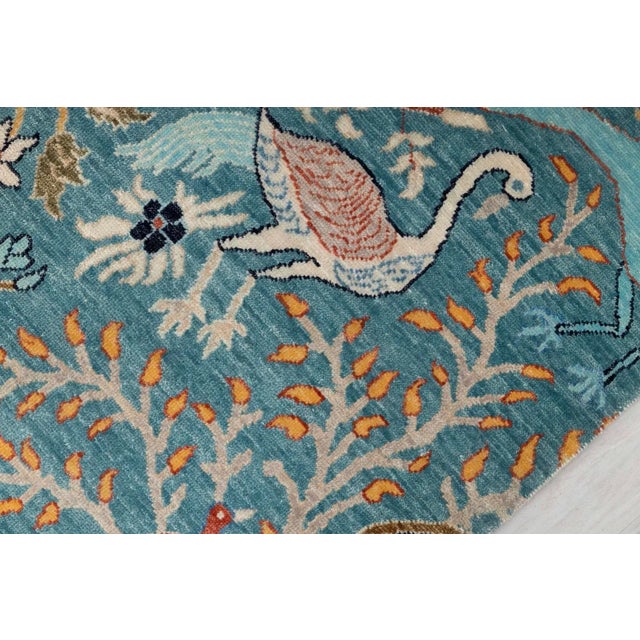 Baby Blue Blue Peacock Birds Garden Scene Soft Hand Knotted Hand Spun Wool Rug 9x12Ft. For Sale - Image 8 of 18