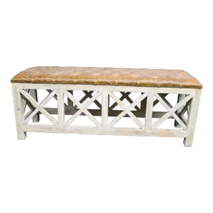 Pine Whitewashed Leather Tufted Bench
