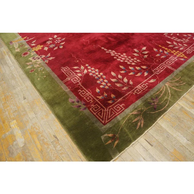Magistral Red Rust Background and Green Border Color With Floral Design Antique Chinese Art Deco Rug For Sale - Image 4 of 12