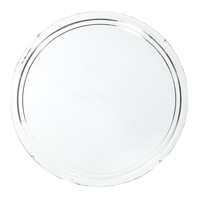 Art Deco Streamlined Machined Age Minimal Round Reversed Etched & Beveled Mirror For Sale