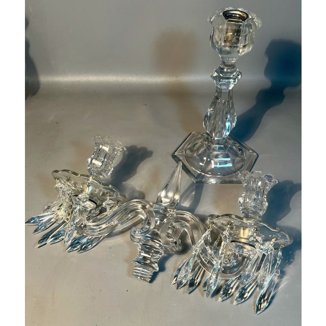 Pair Heisey Crystal Candelabra Lusters 40 Faceted Prisms 1930s "Old Williamsburg" For Sale In Providence - Image 6 of 8