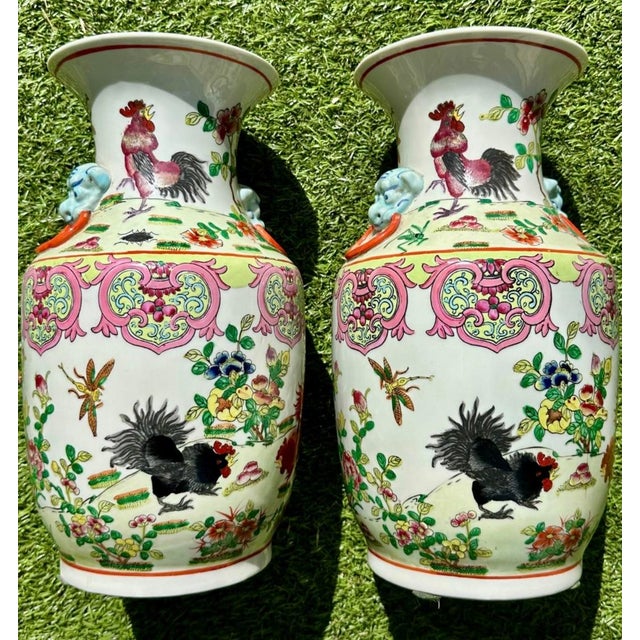 Pair of Antique 19th Century Rare Chinese Porcelain Vases Hand Painted Roosters, Florals & Insects For Sale In San Diego - Image 6 of 18
