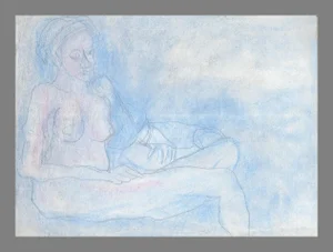 1980s "Reclining Nude in Pastel Blue" Figurative Drawing by Louis Nadalini, Framed