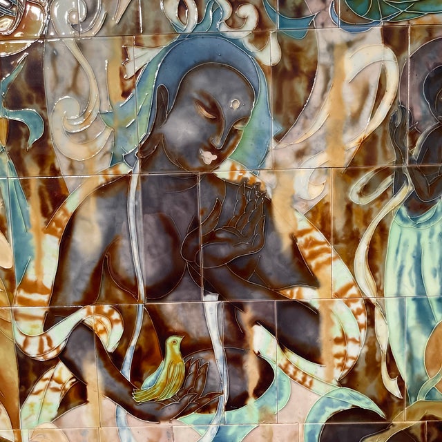 Figurative Extra-Large, Mid Century Modern Lin Zhi , Dunhuang Style Ceramic Tile Mural Triptych - 82”x58”x3.5” Signed, 1970’s, India/ Chinese Cave Replica For Sale - Image 3 of 11