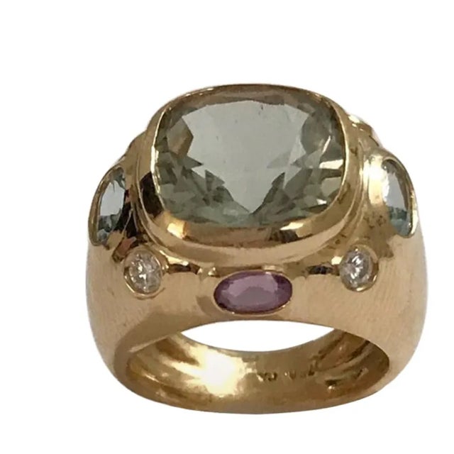 Robin's Egg Blue Christina Addison Bonheur Ring, Blue Topaz, Peridot, Blue Topaz and Diamond Domed Ring For Sale - Image 8 of 10