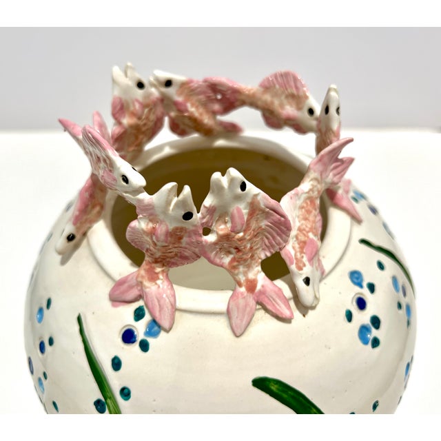 Coastal Sue Mattox Signed Art Pottery Vase Koi Fish Rim Sculptural Coastal Vessel For Sale - Image 3 of 13