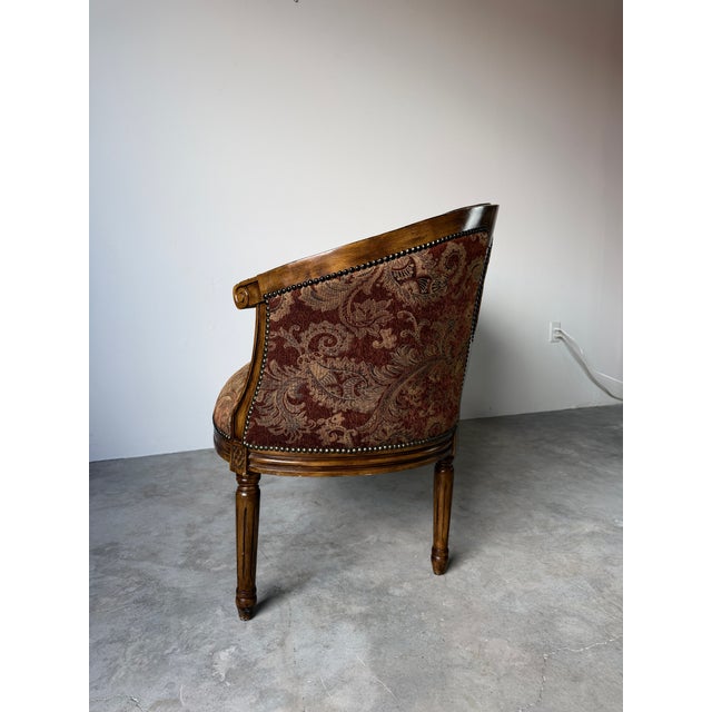 Brown Vintage Louis XVI Style Curved Barrel Back Loveseat With Nailhead Trim For Sale - Image 8 of 17