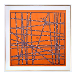Framed Hermès Silk Scarf "Ruban Bolduc" 1983 - Orange Gold Frame For Sale
