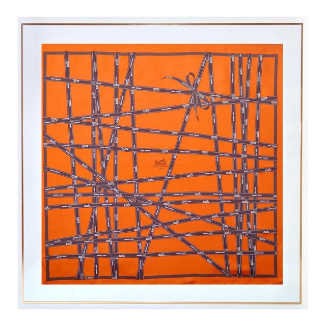 Framed Hermès Silk Scarf "Ruban Bolduc" 1983 - Orange Gold Frame For Sale