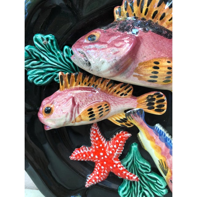 Majolica sealife platter Vallauris, circa 1950. High relief of fish, seaweeds, lemon, starfish. Nautical style. Measure:...