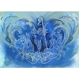 Blue and White, Sea Posse VI Cherub Original Watercolor Painting For Sale