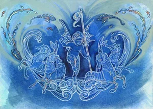Blue and White, Sea Posse VI Cherub Original Watercolor Painting