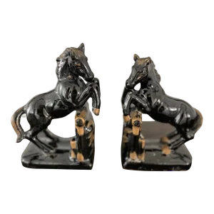 1960s Vintage Ceramic Horse Bookends in Black & Gold-A Pair