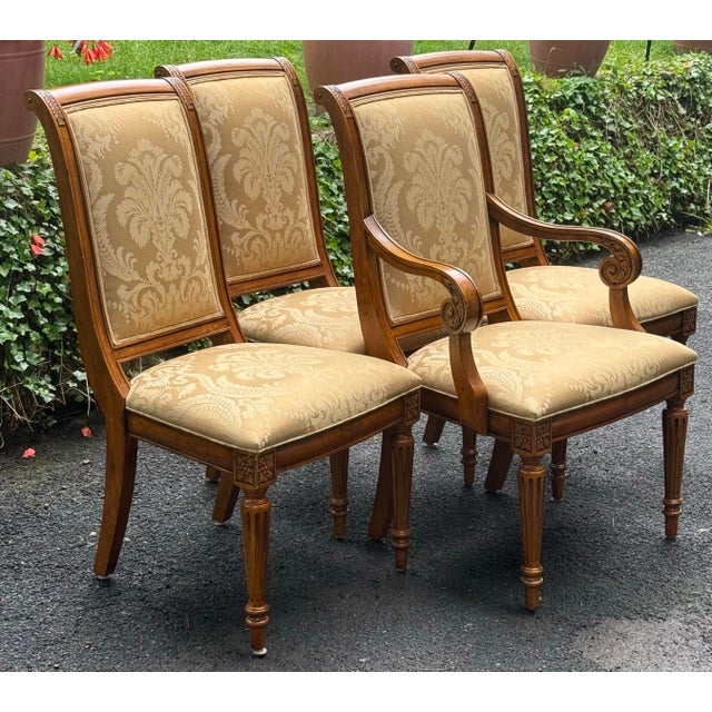 Lovely set of 4 Ethan Allen “Addison” dining chairs from the townhouse collection. Features solid wood frame upholstered...