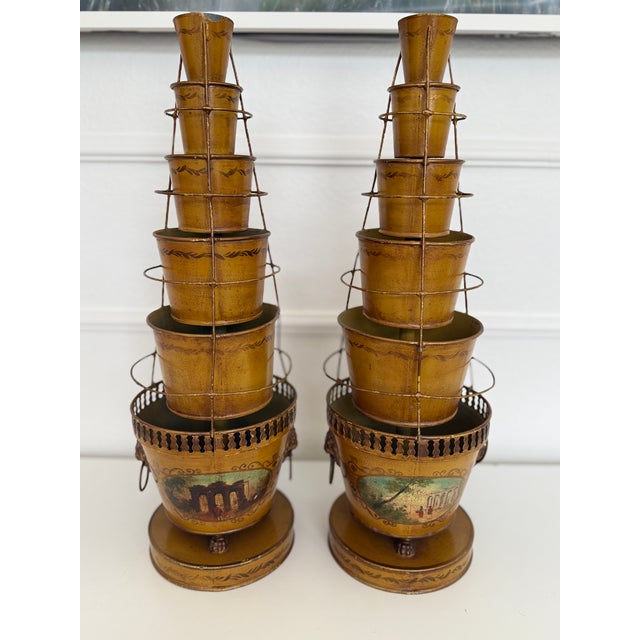 Pair of Antique French Tole Tulipieres With Hand-Painted Scenic Panels For Sale - Image 12 of 17