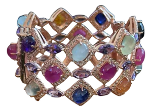 Bochic “Capri” Vintage Ruby & Multi Color Gem & Sapphire Bangle Set In 18K Gold