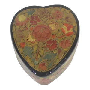 Small Vintage Kashmir Heart Trinket Ring Box Handmade in India Papier Maché