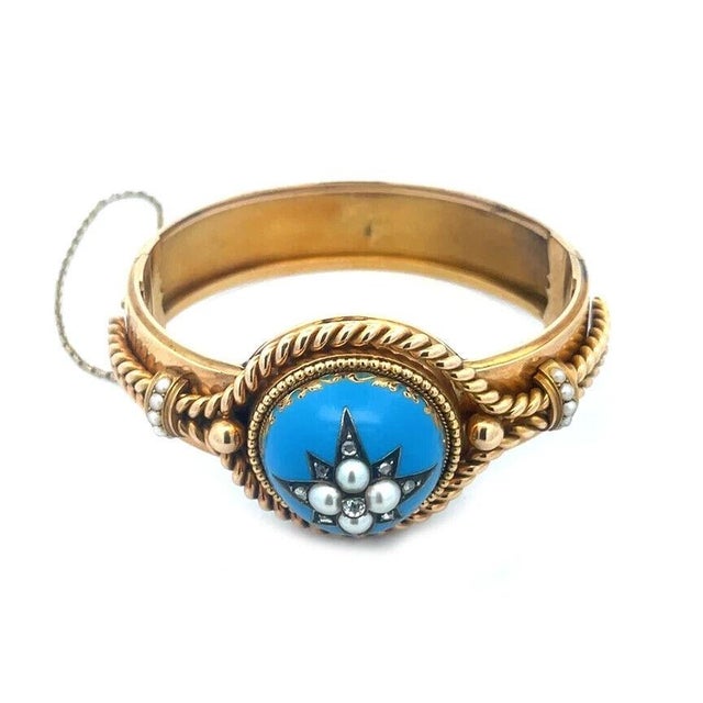 Gold Victorian Diamond Enamel Gold Bracelet Starburst Dome Center Pearls For Sale - Image 8 of 8