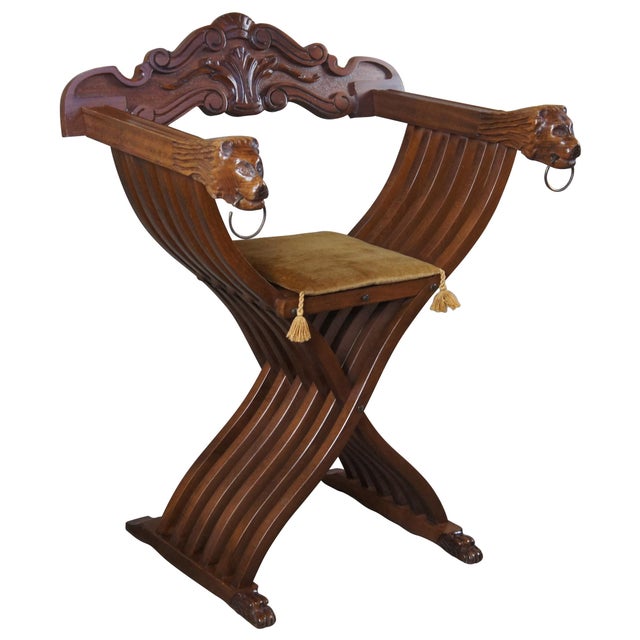 20th Century Renaissance Revival Savonarola X Folding Lion Head Throne