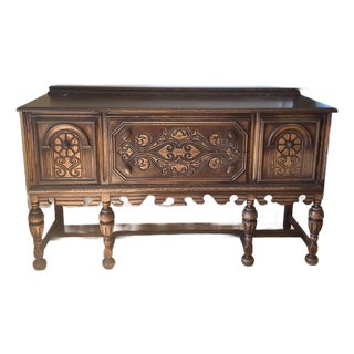 Antique 1920s Jacobean Revival Carved Oak Sideboard / Buffet For Sale