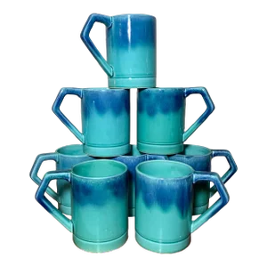 1960’s Set of 8 Holt Howard Turquoise Glazed Pottery Mugs