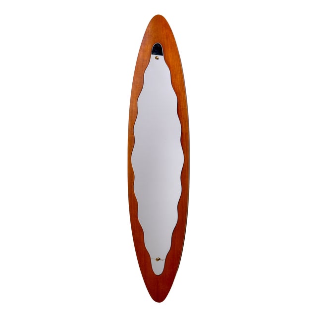 Italian Oval and Convex Teak Mirror, 1950s For Sale