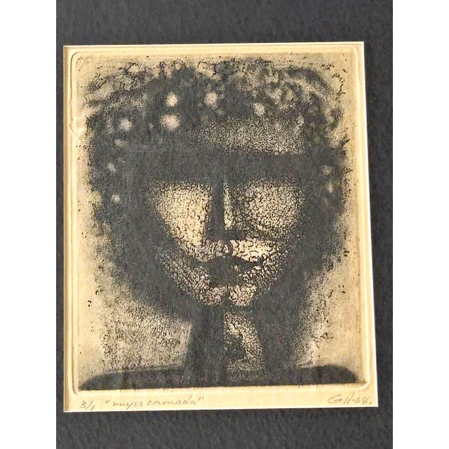 1960s 1964 Aníbal Gil Woodcut Print: "Mujer Coronada", Framed For Sale - Image 5 of 11
