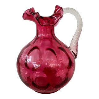 Vintage Fenton Cranberry Dot Optic Glass Pitcher With Clear Ruffled Rim For Sale