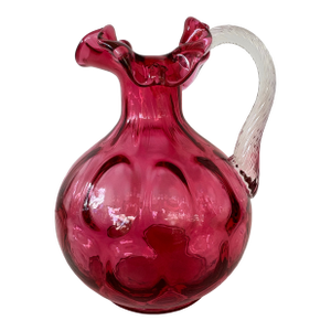 Vintage Fenton Cranberry Dot Optic Glass Pitcher With Clear Ruffled Rim