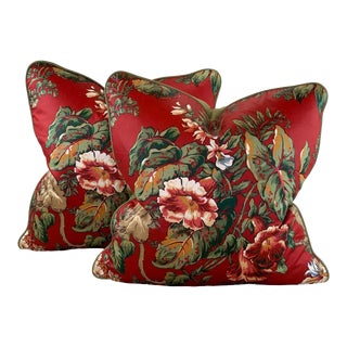 Designer Ronald Redding York Textiles Brown Green Red Botanical Floral Jungle Hibiscus Monkey Palm Frond Tropical Pillow Covers- 22" Pair For Sale