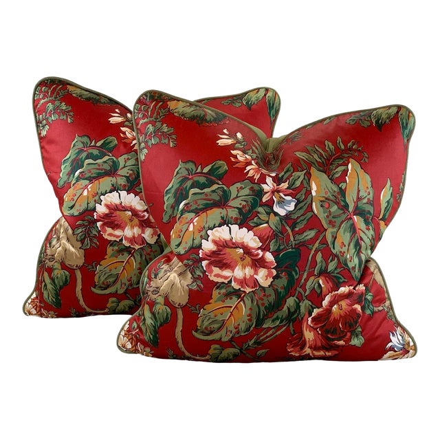 Designer Ronald Redding York Textiles Brown Green Red Botanical Floral Jungle Hibiscus Monkey Palm Frond Tropical Pillow Covers- 22" Pair For Sale