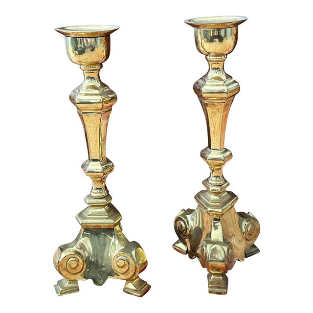 Pair of Vintage Brass Baroque Candlesticks Trifoot Base, 11.5″ Tall, C. 1960s For Sale
