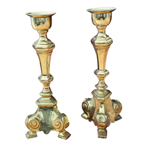 Pair of Vintage Brass Baroque Candlesticks Trifoot Base, 11.5″ Tall, C. 1960s