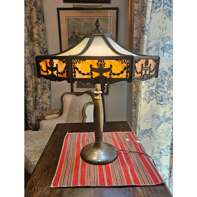 1900 - 1909 1900s Stately Bradley and Hubbard Slag Glass Lamp For Sale - Image 5 of 18