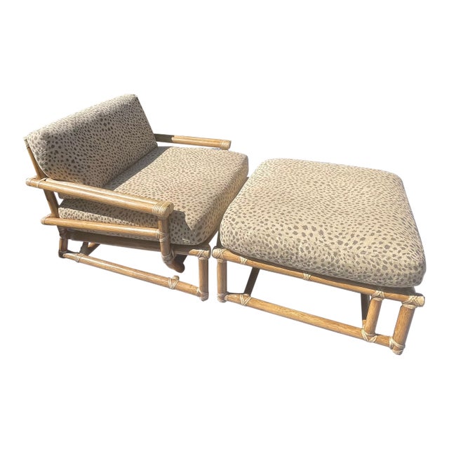 McGuire Vintage Rattan Lounge Chair & Ottoman, an Oversized Set of 2 For Sale