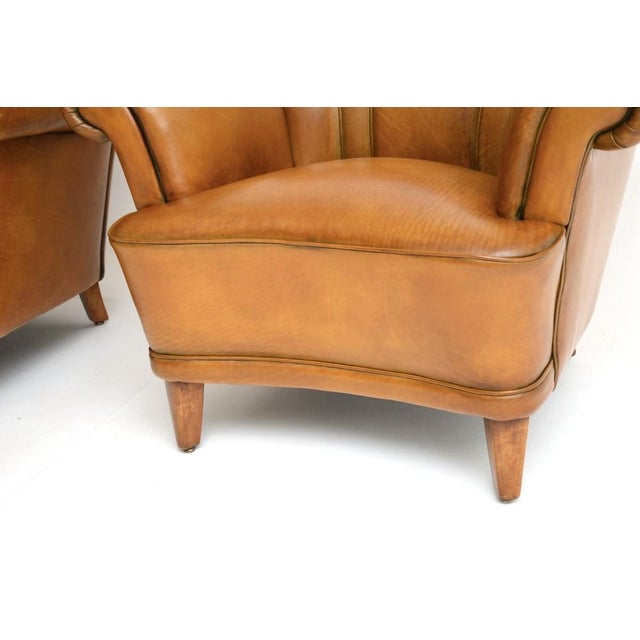 Brown Vintage Swedish Leather Club Armchairs, 1940s, Set of 2 For Sale - Image 8 of 9