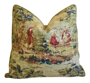 Romantic French Country Toile Linen & Velvet Feather/Down Pillow 24" Square