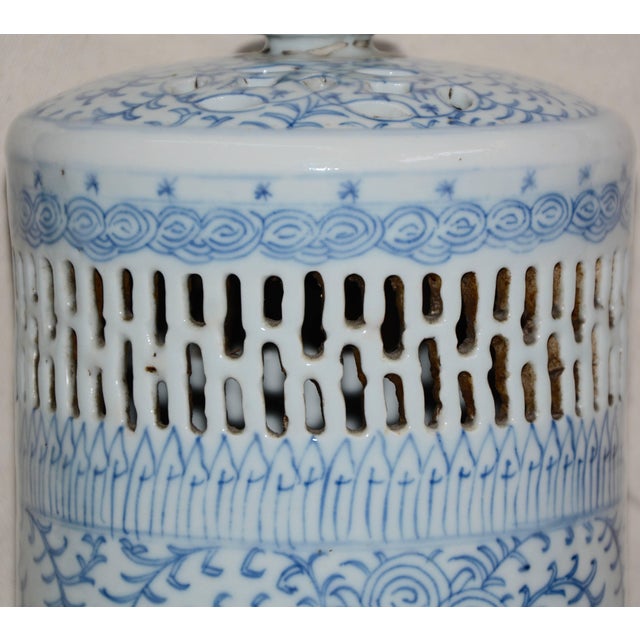 Early 1900s Blue and White Asian Pierced Ceramic Incense Burner For Sale - Image 10 of 13