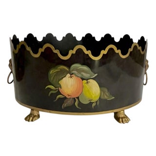 Maison Lancel Vintage French Black Tole Cachepot With Hand-Painted Fruit and Gilt Scalloped Rim Lion Head Ring Handles For Sale