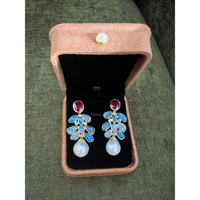 Bochic "Orient" Vintage Ruby, Opal & Sapphires Earrings Set 18K Gold & Silver For Sale - Image 18 of 18